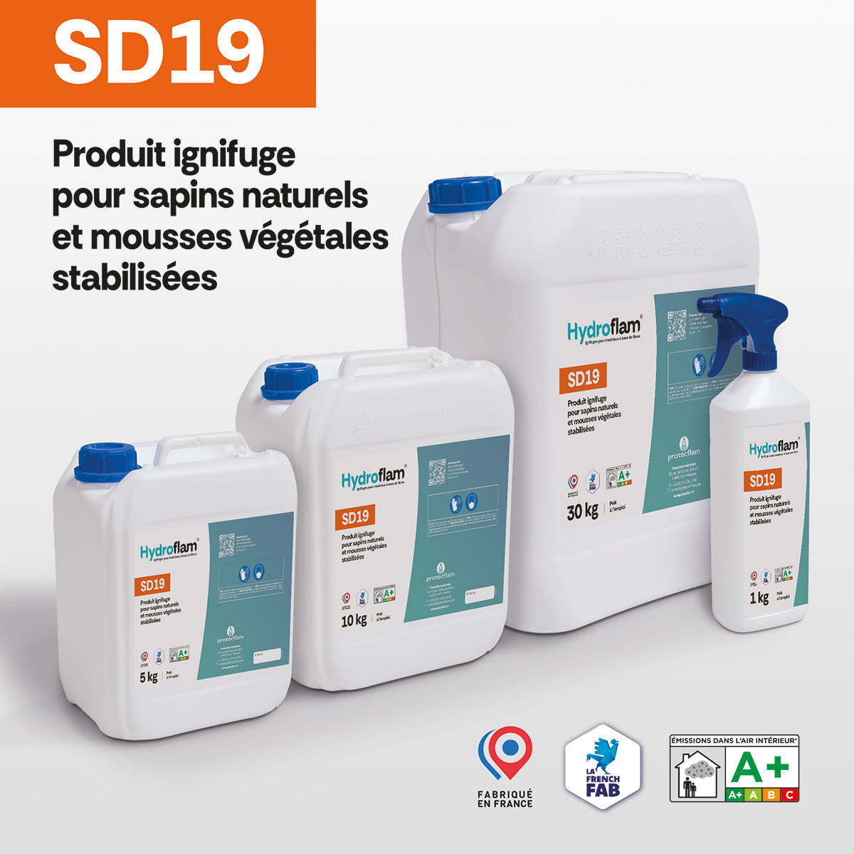 Hydroflam® SD19 - Produit ignifuge pour sapins naturels et mousses végétales stabilisées - Protecflam