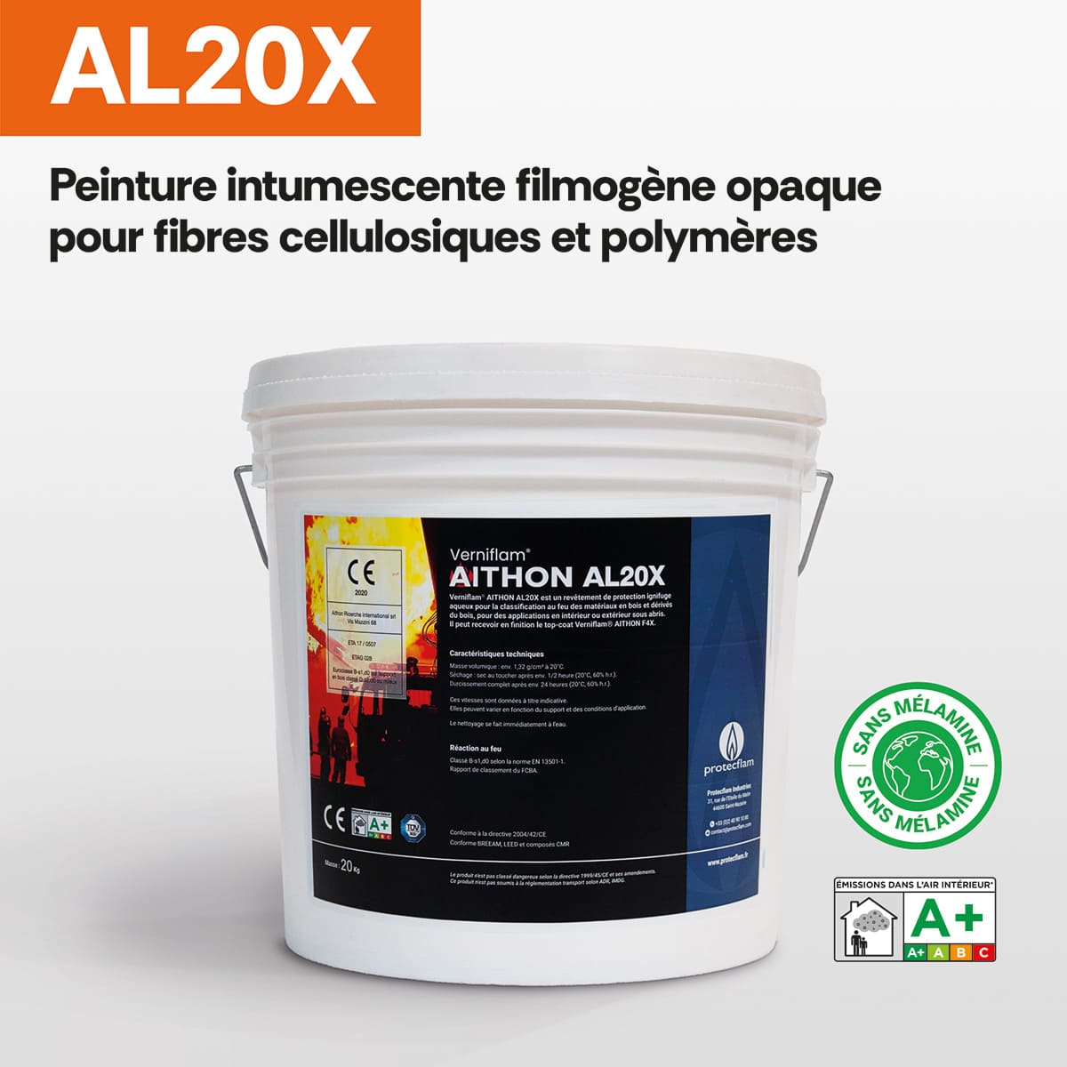 Verniflam® AL20X - Peinture intumescente filmogène opaque pour fibres cellulosiques et polymères - Protecflam Industries